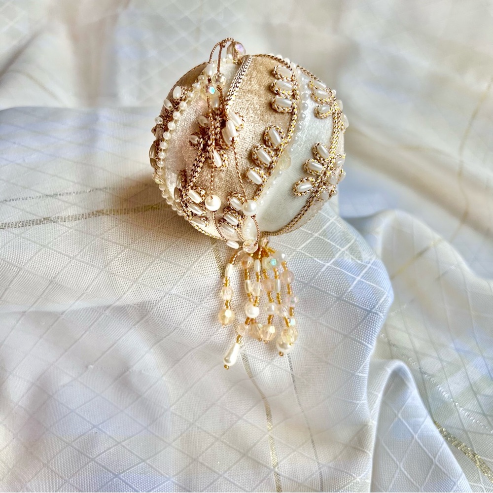 Vintage Seasonal Beaded Christmas Ornament Velvety Cream, White and gold tones